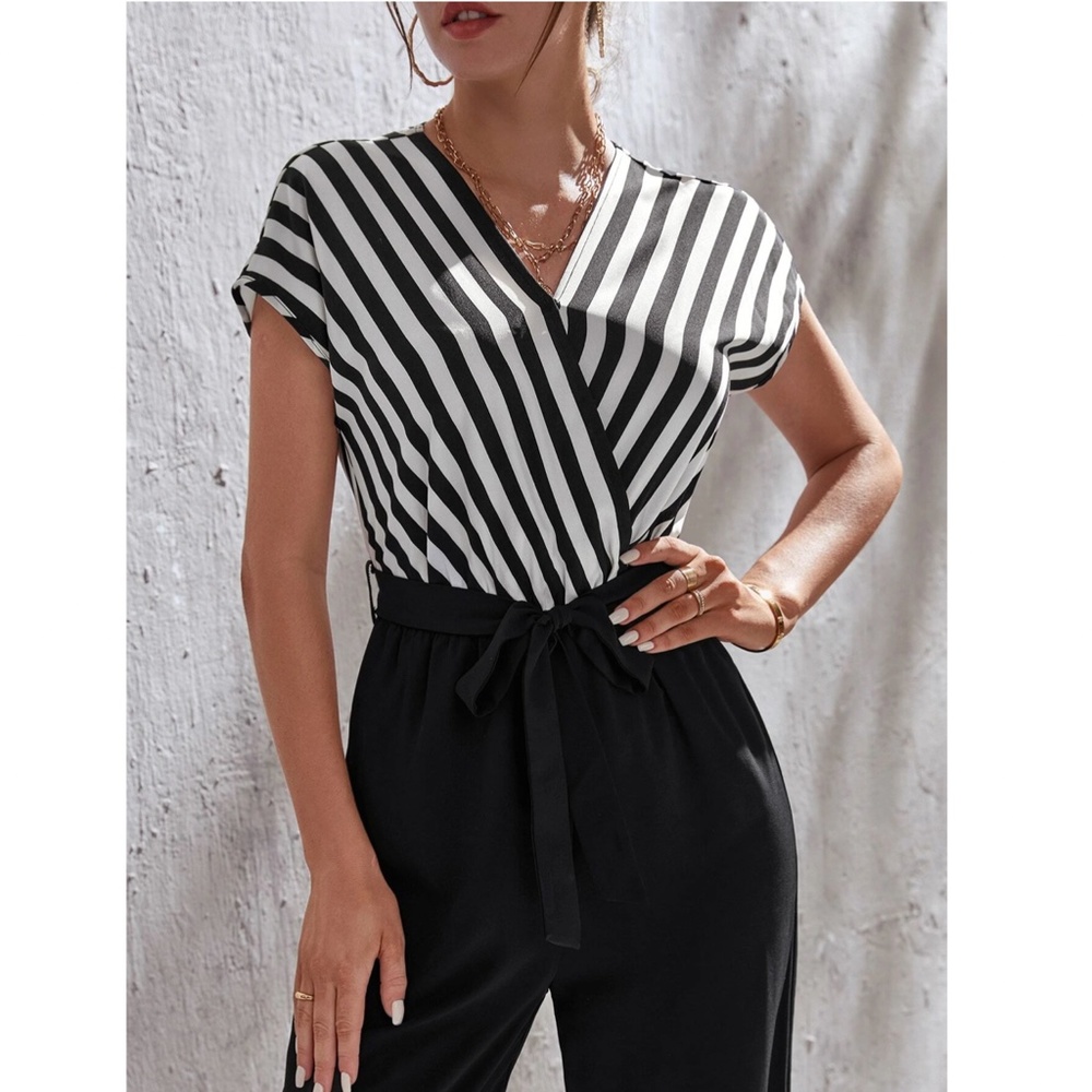 Striped Top V-Neck Surplice Short Sleeve White Black Wide Leg Jumpsuit - Picture 9 of 14